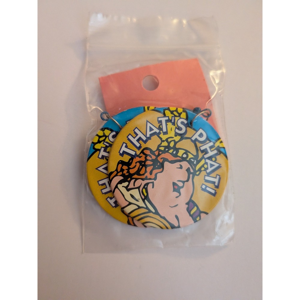 Vintage Y2K Thats Phat Button Drop Earrings Retro 90s Kitsch Yellow Blue Graphic
